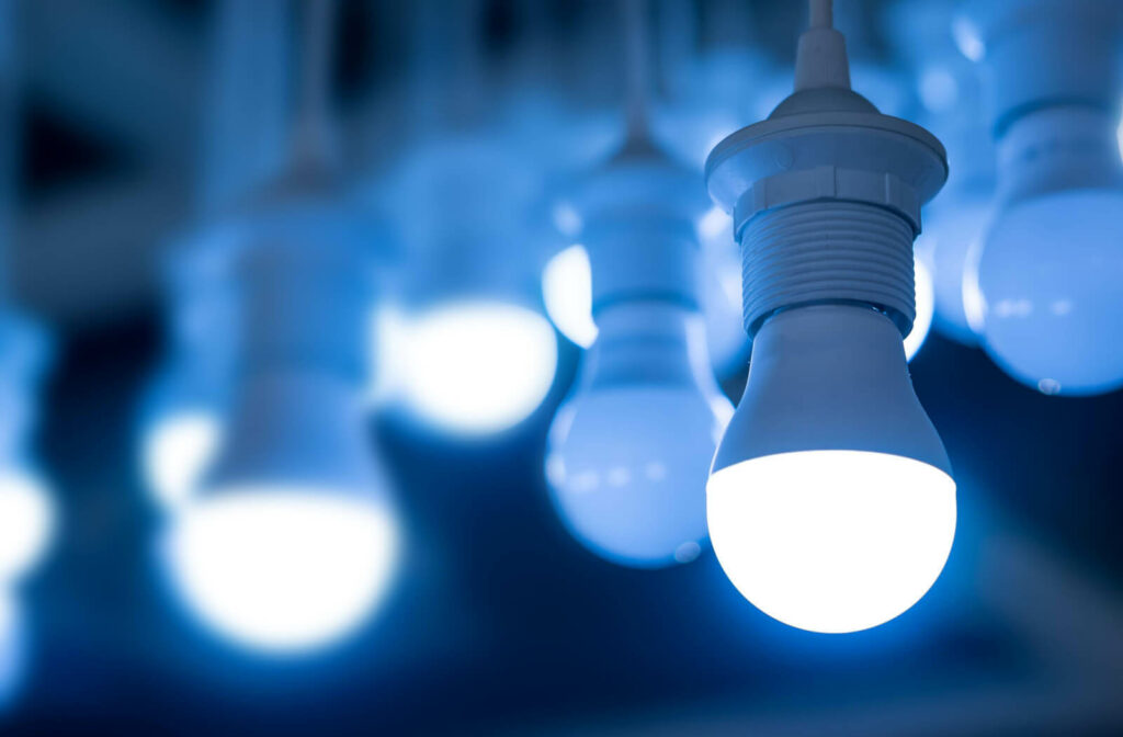 A collection of LED lightbulbs. Some are lit and some are not.