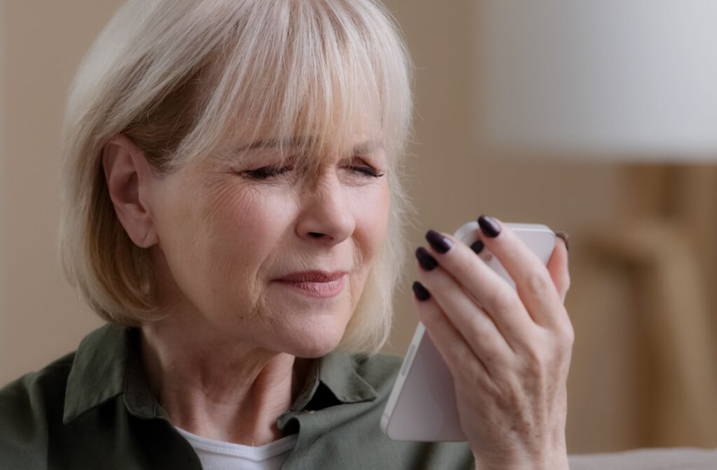 An older adult squinting at their phone in frustration due to their eyesight getting worse.