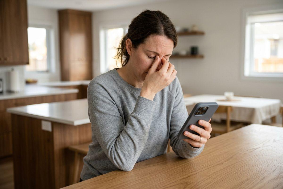 Adult holding a phone, pinching bridge of nose with eyes closed, seated at a kitchen table.