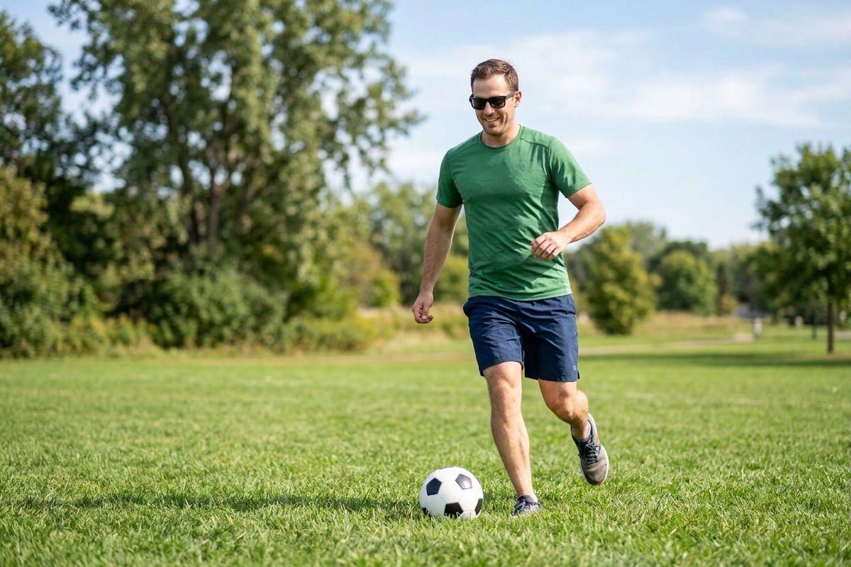 Smiling adult in green shirt and sunglasses runs to kick a soccer ball on a grassy field with trees.