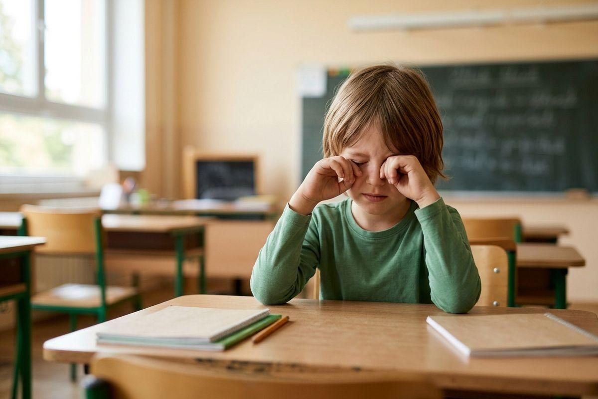 Child rubbing both eyes while sitting at a desk in a classroom, with notebooks and a chalkboard behind.