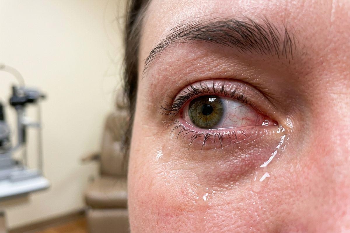 Close-up of a person's watery eye with tears on the cheek, with eye exam equipment blurred in the background.