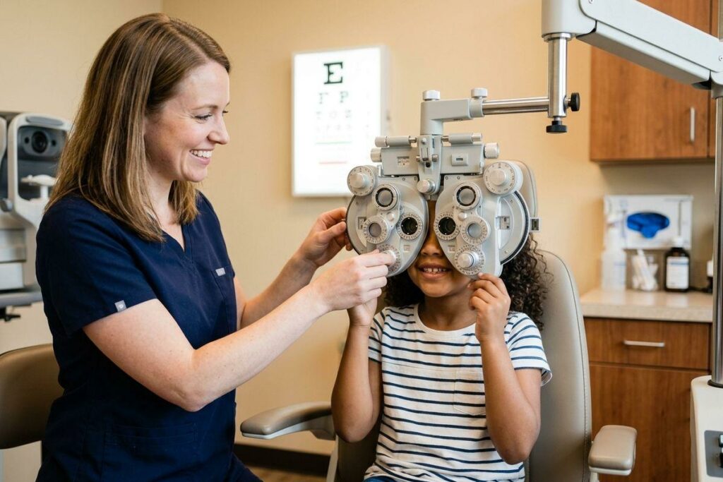 Optometrist adjusts a phoropter for a smiling child during an eye exam, with an eye chart on the wall behind them.
