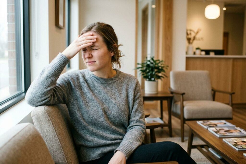 Person in gray sweater holding hand to forehead with eyes closed, sitting in a chair in a waiting room.