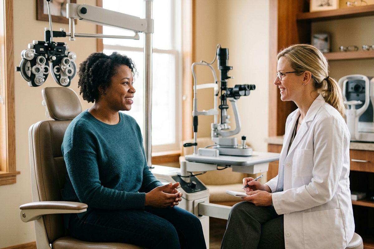 Optometrist taking notes while talking with a smiling patient seated in an exam chair beside eye testing equipment.