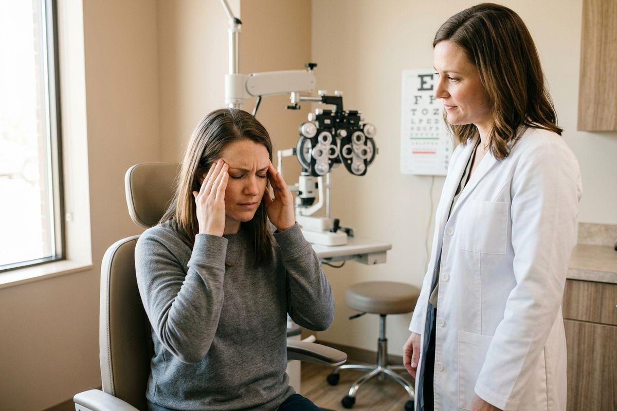 Patient seated in exam chair pressing hands to temples while optometrist stands beside them, near phoropter and eye chart.