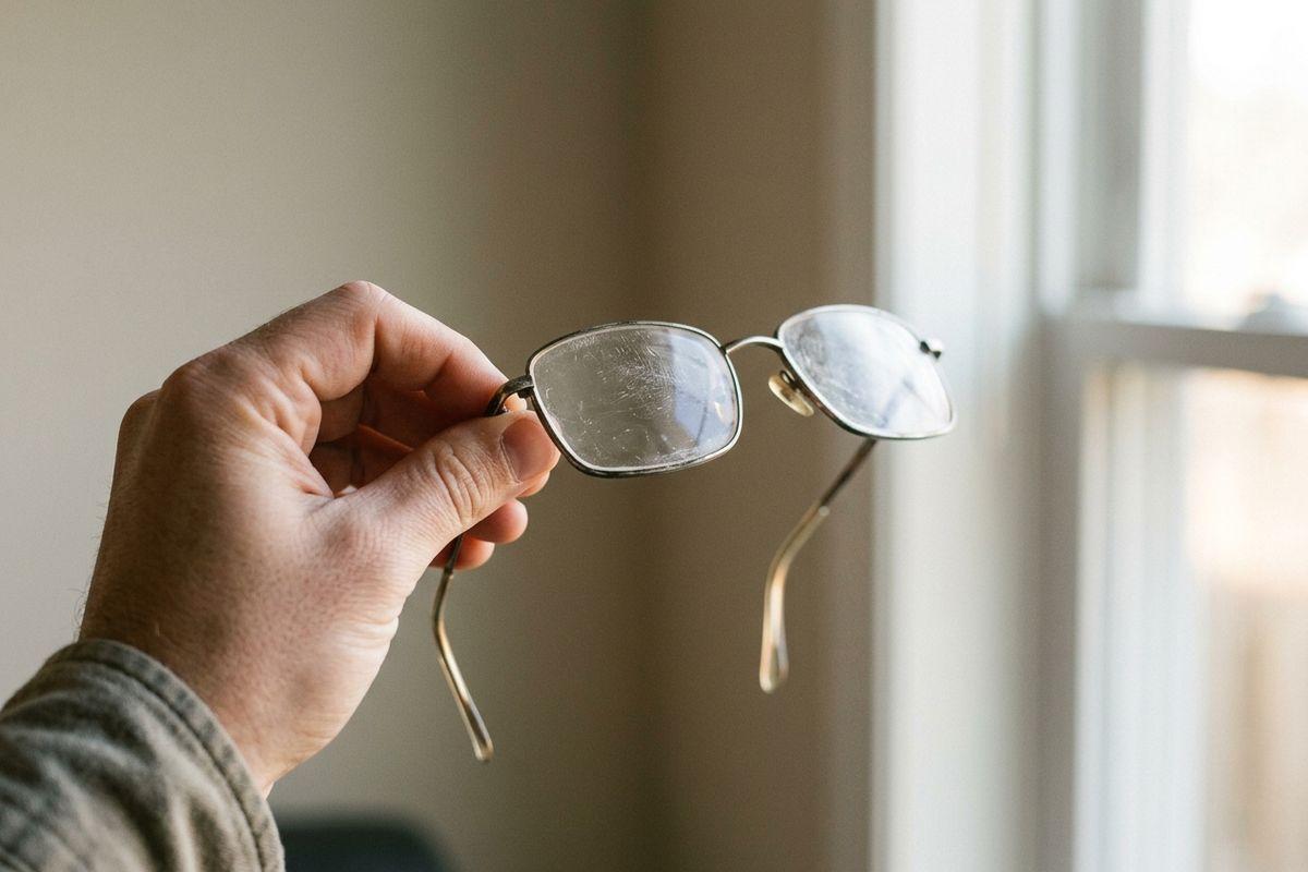 A hand holding up a pair of heavily scratched eyeglasses with metal frames near a window.