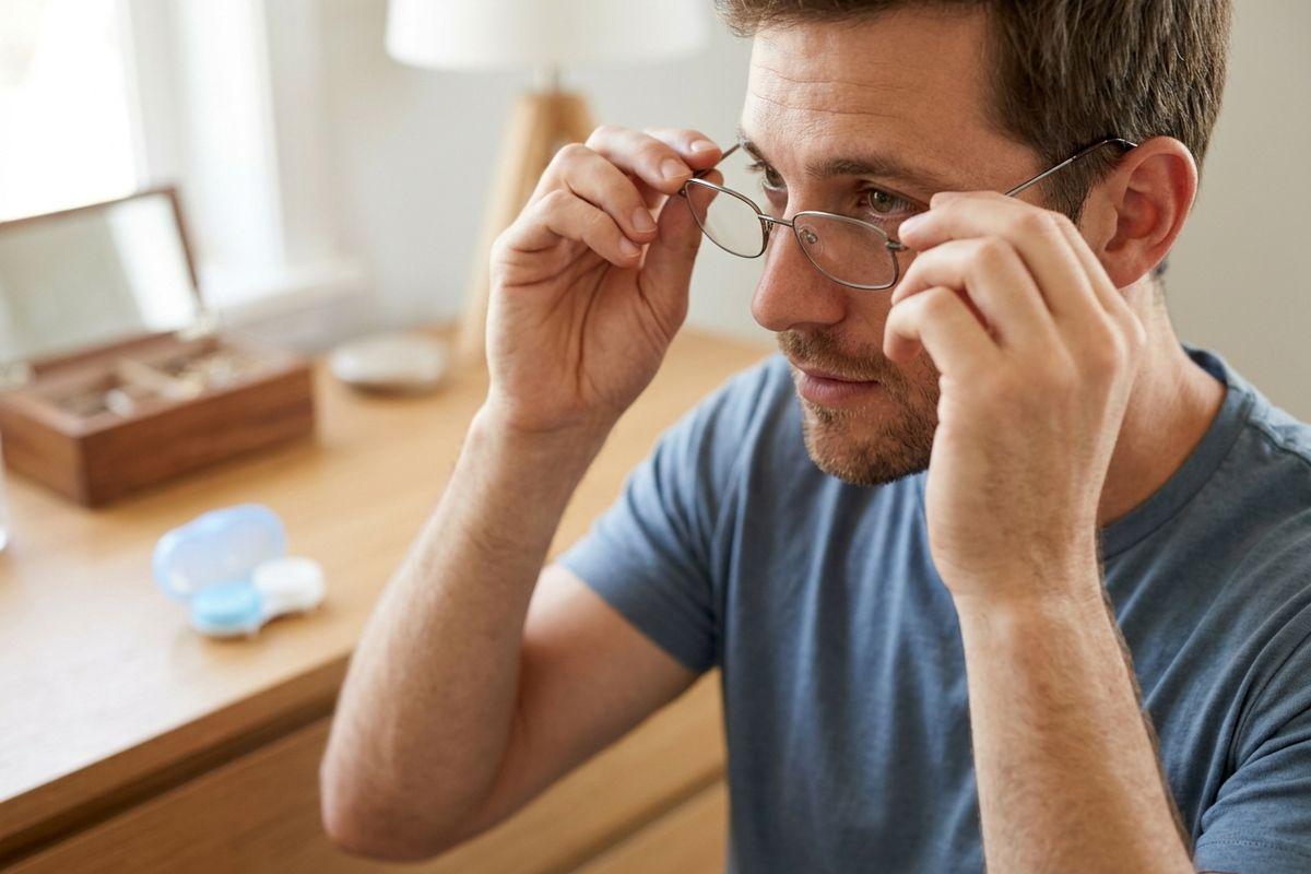 An adult putting on metal-framed glasses at a wooden dresser, with a contact lens case visible nearby.