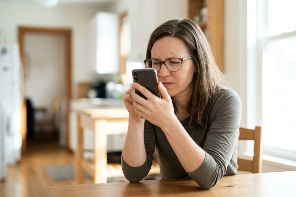 An adult wearing glasses sitting at a wooden table, holding a smartphone close to their face with a concerned expression.