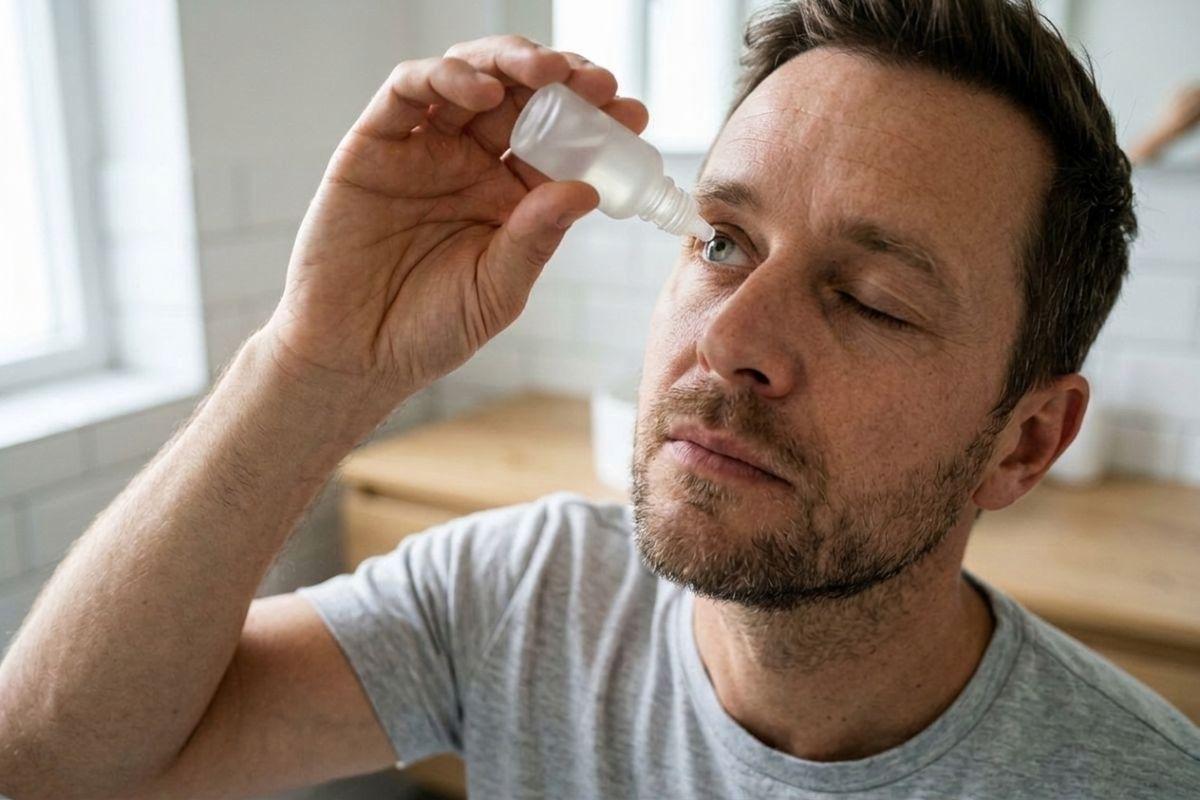 Adult in a gray T-shirt holding a dropper bottle above one eye to apply eye drops, other eye closed, in a bright bathroom.
