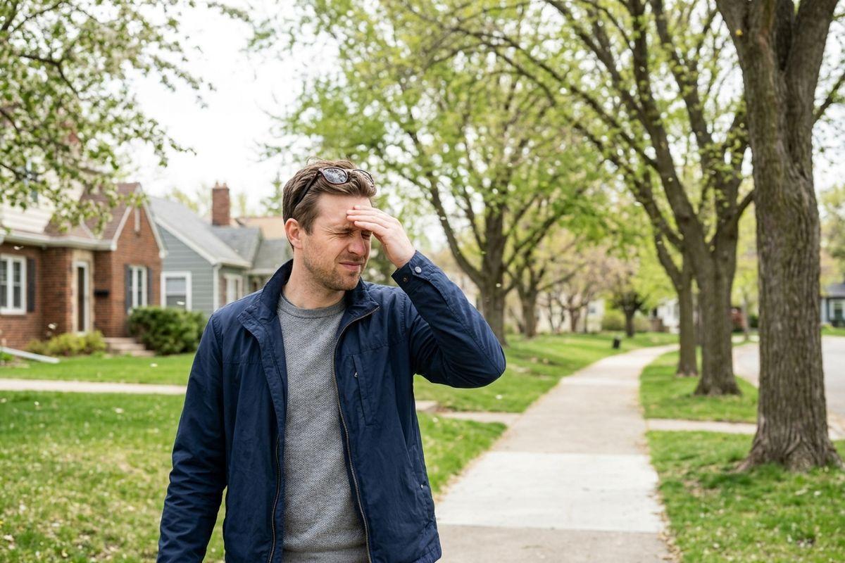 An adult standing on a tree-lined suburban sidewalk, pressing one hand to their forehead with a pained expression, sunglasses resting on their head.